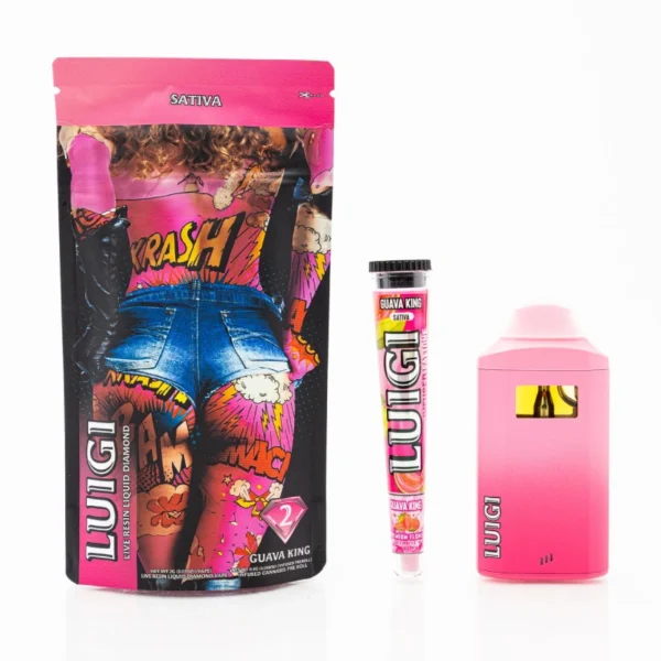 Luigi-Live-Resin-Liquid-Diamond-Pluma-de-Wax-2G-Pre-roll-0.5G-Guava-King Luigi | Pluma de Wax 2G + Pre-roll 0.5G